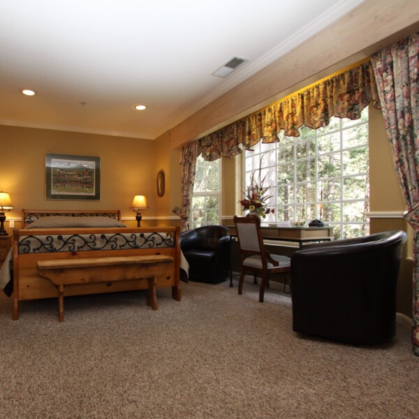 guest room with bed, desk and forest views