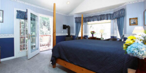 blue guest room with bed, firestove, and forest views