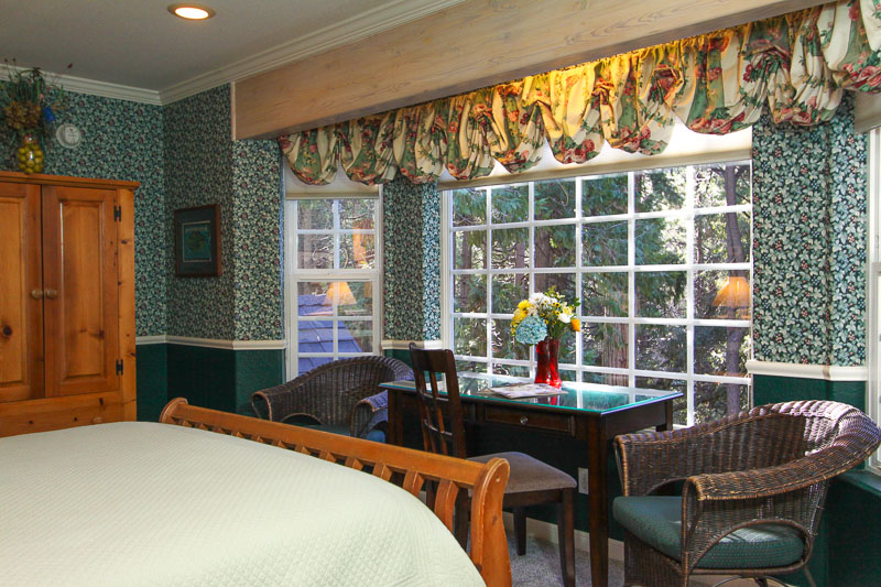 Evergreen room with bed, desk, firestove and forest views.